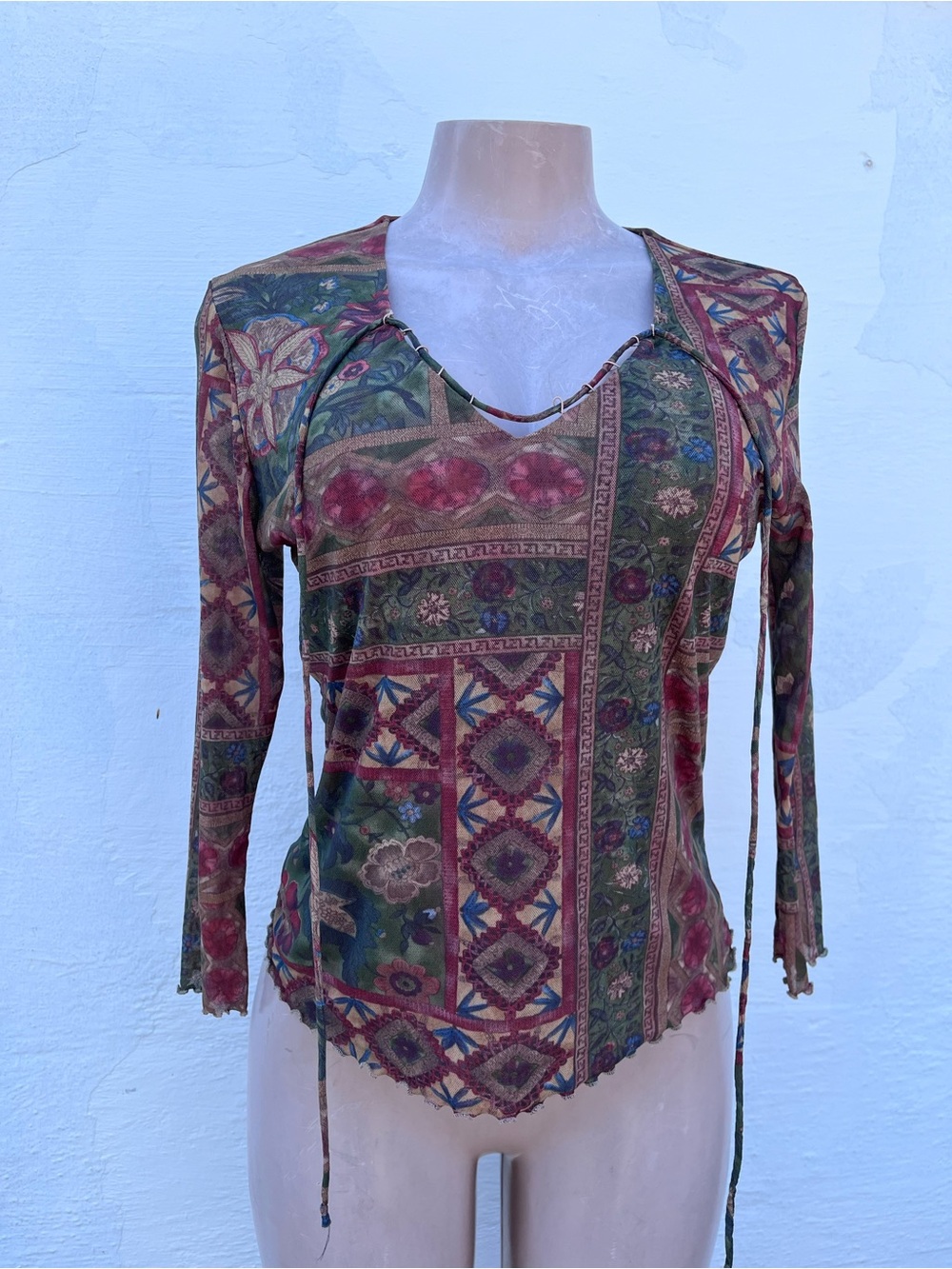 Bohemian Patchwork Print V-Neck Women’s Top - Green & Red